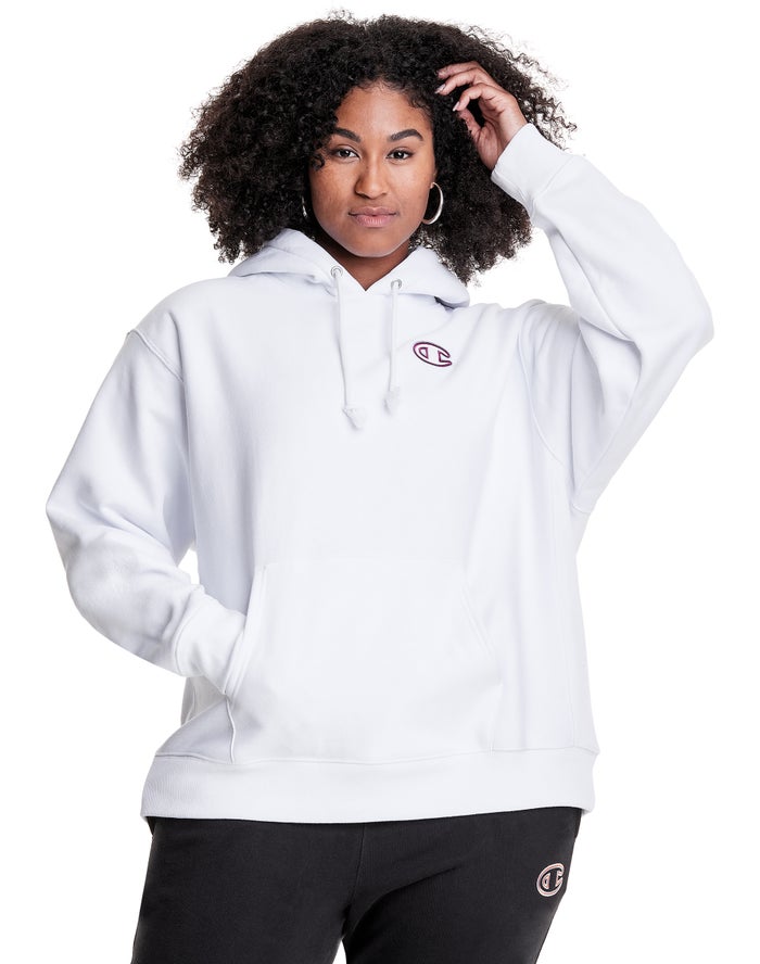 Champion Dame Hættetrøje Hvide - Plus Reverse Weave Triple Outline Logo - Danmark EYT-912075